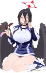  1girl absurdres black_choker black_hair black_wings blue_archive blush breasts chela77 choker closed_eyes eating food gym_uniform hair_between_eyes halo hasumi_(blue_archive) hasumi_(track)_(blue_archive) highres jacket large_breasts long_hair mole mole_under_eye official_alternate_costume ponytail shirt shoes shorts sitting sneakers socks solo wariza white_background white_shirt wings 