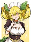  absurd_res akanbe animal_humanoid blonde_hair breasts clothed clothing collar dragon dragon_humanoid dragonmaid_(yu-gi-oh!) duel_monster female hair hi_res horn humanoid looking_at_viewer maid_apron maid_headdress maid_uniform not_furry one_eye_closed parlor_dragonmaid simple_background smile solo synchroman tail tongue tongue_out uniform wink winking_at_viewer yu-gi-oh! 