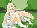  1girl ankle_bow arm_ribbon bare_shoulders barefoot blonde_hair blue_butterfly blue_ribbon bow brown_eyes bug butterfly butterfly_on_knee chii chobits closed_mouth dress grass highres leg_ribbon long_hair looking_at_viewer low_tied_sidelocks mantafriend own_hands_together ribbon robot_ears sitting sleeveless sleeveless_dress smile solo very_long_hair white_bow white_dress 
