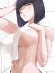  1girl absurdres arm_up black_hair blunt_bangs bob_cut boruto:_naruto_next_generations breasts coop_osen covered_nipples highres hyuuga_hinata large_breasts mature_female naked_towel naruto naruto_(series) navel parted_lips short_hair showering solo stomach tile_wall tiles towel underboob upper_body water wet white_eyes 