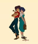  1boy 1girl back-to-back backpack bag black_hair blue_hair braid braided_ponytail breasts chinese_clothes full_body fuurinkan_high_school_uniform highres inefragueiro ranma_1/2 saotome_ranma school_uniform short_hair simple_background socks standing tendou_akane white_socks 