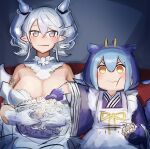  2girls apron blue_gloves blue_hair breasts cleavage demon_wings duel_monster eating food gloves grey_eyes grey_hair hatano_kiyoshi highres horns japanese_clothes kimono large_breasts laundry_dragonmaid lovely_labrynth_of_the_silver_castle maid multiple_girls pointy_ears popcorn tearing_up tears wa_maid watching_television wavy_mouth white_apron white_gloves wings yellow_eyes yu-gi-oh! 