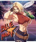  1girl abs bare_shoulders belt blonde_hair blue_mary bob_cut crop_top drink fatal_fury fingerless_gloves gloves halterneck highres midriff multiple_belts muscular muscular_female navel ogami short_hair sleeveless snk solo the_king_of_fighters 