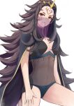  1girl black_cape black_hair cape facial_mark fire_emblem fire_emblem_fates forehead_mark hand_on_own_thigh highres labebebe_lee long_hair mouth_veil nyx_(fire_emblem) red_eyes simple_background solo tiara veil very_long_hair white_background 