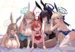  5girls absurdres akane_(blue_archive) animal_ears aqua_bow aqua_bowtie asuna_(blue_archive) black-framed_eyewear blue_archive bow bowtie cleaning_&amp;_clearing_(blue_archive) detached_collar fake_animal_ears glasses halo highres karin_(blue_archive) leotard michill_1121 multiple_girls neru_(blue_archive) official_alternate_costume pantyhose playboy_bunny rabbit_ears strapless strapless_leotard toki_(blue_archive) white_leotard white_pantyhose 