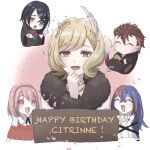  2boys 3girls alcryst_(fire_emblem) alear_(female)_(fire_emblem) alear_(fire_emblem) blonde_hair blue_hair chibi citrinne_(fire_emblem) closed_eyes diamant_(fire_emblem) feather_hair_ornament feathers fire_emblem fire_emblem_engage fur_trim hair_ornament hairband hairclip happy_birthday highres jewelry lapis_(fire_emblem) long_hair multicolored_hair multiple_boys multiple_girls necklace open_mouth pink_hair red_eyes red_hair short_hair smile solo_focus tondemoneeds two-tone_hair 