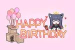  1girl :3 animal_ears arknights balloon black_gloves black_hair box cardboard_box chibi crown ear_piercing fingerless_gloves gloves happy_birthday heart huang_qing_ye jacket long_hair own_hands_together penguin_logistics_logo piercing pink_background red_hair sidelocks simple_background solo sparkle texas_(arknights) white_jacket wolf_ears 