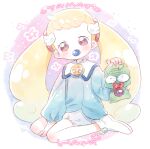  1girl blonde_hair blue_shirt blush brown_eyes character_name conago creature full_body hair_ornament holding long_hair long_sleeves looking_at_viewer majorika makihatayama_hana ojamajo_doremi pacifier shirt shoes sitting twintails very_long_hair white_footwear wing_hair_ornament 