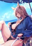  1girl absurdres animal_ears bikini black_bikini blue_archive blue_eyes blue_jacket blue_sky blush breasts brown_hair cleavage collarbone commentary_request from_side halo highres jacket kanna_(blue_archive) large_breasts long_hair long_sleeves ocean outdoors parasol parted_lips partially_unzipped saboten_teishoku sitting sky smile solo swimsuit umbrella water 