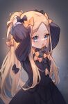  1girl abigail_williams_(fate) arms_up black_bow black_dress blonde_hair blue_eyes bow breasts dress fate/grand_order fate_(series) forehead hair_bow highres long_hair long_sleeves looking_at_viewer miya_(miyaruta) mouth_hold multiple_hair_bows orange_bow parted_bangs ponytail ribbed_dress sidelocks small_breasts solo tying_hair 