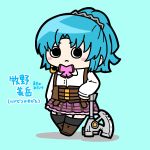  1girl :&lt; aqua_background arm_at_side arm_rest assault_lily axe battle_axe belt belt_buckle black_thighhighs blue_hair blush boots bow bowtie brown_belt brown_footwear buckle character_name chibi closed_mouth collared_shirt commentary corset crescent crescent_earrings earrings frilled_skirt frills garter_straps hair_ornament high_ponytail highres jewelry konpeitoull_(c12h22o11_tr_6) long_sleeves looking_at_viewer ludvico_private_girls&#039;_academy_school_uniform makino_mitake medium_hair miniskirt multiple_belts pink_bow pink_bowtie pink_skirt ponytail school_uniform shirt simple_background single_earring skirt solid_circle_pupils solo standing thighhighs translated underbust v-shaped_eyebrows weapon white_shirt zettai_ryouiki 