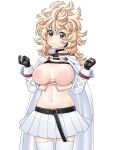  1girl aosode belt black_gloves blonde_hair breasts cape fingerless_gloves gloves large_breasts long_hair looking_at_viewer mamayuyu messy_hair navel nipples simple_background skirt solo standing thighhighs tongue tongue_out white_background white_cape white_skirt white_thighhighs wool_pool_elysia 