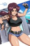  1girl artist_name belt black_gloves black_lagoon blue_sky breasts brown_eyes brown_hair character_name cigarette cleavage cloud cloudy_sky cowboy_shot crop_top cutoffs day denim denim_shorts fingerless_gloves gloves highres holster horizon large_breasts midriff mike_luckas navel parted_lips ponytail revy_(black_lagoon) short_shorts shorts shoulder_holster sky smile solo tattoo 
