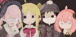  &lt;|&gt;_&lt;|&gt; 4girls absurdres ahoge annoyed anya&#039;s_heh_face_(meme) anya_(spy_x_family) beret black_cardigan black_hair blonde_hair blue_archive blush bocchi_the_rock! bow brodie_helmet cardigan chito_(shoujo_shuumatsu_ryokou) closed_mouth collared_shirt combat_helmet creature cross_tie crossover detached_ahoge dress eden_academy_school_uniform embarrassed empty_eyes female_child green_eyes hairpods halo hat head_wings helmet highres ijichi_nijika koharu_(blue_archive) long_hair looking_at_viewer looking_to_the_side low_twintails medium_hair meme multiple_girls naaga_sonomono neckerchief nuko_(shoujo_shuumatsu_ryokou) open_mouth pink_hair pink_neckerchief red_bow school_uniform shaded_face shimokitazawa_high_school_uniform shirt shoujo_shuumatsu_ryokou side_ponytail sidelocks single_bare_shoulder sleeves_past_wrists spy_x_family trait_connection twintails v-shaped_eyebrows very_long_hair white_shirt wings 