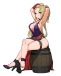  1girl arms_behind_head barrel belt blonde_hair bracelet breasts choker cleavage closed_mouth dress fatal_fury fingerless_gloves full_body garou:_mark_of_the_wolves gloves green_eyes high_heels highres jenet_behrn jewelry large_breasts long_hair looking_at_viewer one_eye_closed purple_choker purple_dress simple_background sincostan0148 sitting smile solo the_king_of_fighters the_king_of_fighters_xv thigh_strap white_background 