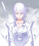  1girl absurdres bleach closed_mouth collarbone colored_eyelashes commentary dress expressionless grey_background hair_between_eyes hakka_no_togame_(bankai) high_collar highres ice ice_crystal kuchiki_rukia lips long_sleeves looking_down nose purple_eyes ribbon short_hair snow solo spoilers straight-on upper_body white_dress white_hair white_ribbon wide_sleeves yoshino_(laencl) 