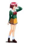  1990s_(style) 1girl arm_up blue_eyes brown_footwear full_body hand_to_head highres hinomoto_hikari kokura_masashi loafers long_sleeves miniskirt mole mole_under_eye non-web_source official_art orange_skirt red_hair retro_artstyle school_uniform shoes short_hair simple_background skirt smile solo standing tokimeki_memorial tokimeki_memorial_2 white_background 