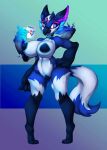  4_arms anthro avian azura_(azura_inalis) azura_inalis beak beverage bird blue_body blue_feathers blue_jay breasts coffee collar corvid feathers female fox_tail hi_res hybrid jay_(bird) multi_arm multi_limb new_world_jay oscine passerine pasties solo 