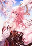  1girl animal_ears backless_outfit bare_shoulders blue_sky breasts cherry_blossoms day detached_sleeves ears_down falling_petals floppy_ears fox_ears from_behind genshin_impact hair_between_eyes highres japanese_clothes kity1211_tetsu large_breasts long_hair looking_at_viewer looking_back nail_polish nontraditional_miko obi outdoors parted_lips petals pink_hair pink_nails purple_eyes red_lips sash shirt sideboob sidelocks signature sky sleeveless sleeveless_shirt solo straight_hair white_shirt white_sleeves wide_sleeves yae_miko 