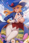  aristocratic_clothes ascot blonde_hair blue_eyes blue_sky breasts breasts_out exlic field flower flower_field gloves hat hat_feather hat_flower highres holding holding_sword holding_weapon mario_(series) medium_breasts nipples pants petals princess_peach princess_peach:_showtime! rapier sky smile sword swordfighter_peach tight_clothes tight_pants weapon white_ascot white_gloves white_pants 