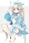  +_+ 1girl :p absurdres alice_(alice_in_wonderland) alice_in_wonderland animal apron arm_up backpack bag bandages bandaid bandaid_on_leg blonde_hair blue_bow blue_dress blue_eyes blue_nails blunt_bangs blush blush_stickers bow bowtie card chon_(chon33v) commentary_request dress ear_piercing earrings fingernails frilled_apron frills hair_bow hair_ornament hair_ribbon hairclip hairpin hand_up heart heart-shaped_pupils highres jewelry long_hair long_sleeves looking_at_viewer mask mouth_mask nail_polish piercing playing_card rabbit rabbit_hair_ornament ribbon sailor_collar shoes sidelocks signature simple_background sitting socks solo symbol-shaped_pupils thigh_strap tongue tongue_out two_side_up very_long_hair white_apron white_background white_footwear white_socks x_hair_ornament 