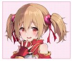  1girl bare_shoulders blush border brown_hair clothing_cutout dotted_background fingerless_gloves gloves hair_between_eyes looking_at_viewer nean open_mouth red_eyes red_gloves short_twintails shoulder_cutout silica solo sword_art_online teeth twintails upper_body upper_teeth_only white_border 