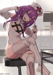  1girl alternate_costume arm_up bed breasts cleavage clothing_request crossed_legs detached_sleeves fang green_eyes hair_over_shoulder hat head_tilt heart highres holding holding_syringe hololive hospital hospital_bed long_hair looking_at_viewer low_twintails lower_teeth_only nurse nurse_cap open_mouth purple_hair sideboob sitting skin_fang solo syringe teeth tokoyami_towa tunao twintails twitter_username underboob virtual_youtuber 
