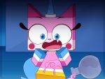  4:3 blue_eyes domestic_cat equid equine felid feline felis female feral genitals hi_res horn hybrid km-15 lego lying mammal on_back on_model pink_body potion potion_bottle presenting presenting_pussy pussy solo the_lego_movie unicorn unikitty unikitty! 