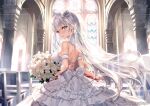  1girl backless_dress backless_outfit bare_shoulders blush bokura_no_haru_ha_inazuma_no_youni bouquet breasts bridal_veil bride church cover cover_page dress elbow_gloves flower fujima_takuya gloves green_eyes grey_hair hair_flower hair_ornament holding holding_bouquet holding_flower indoors large_breasts long_hair looking_at_viewer looking_back novel_cover novel_illustration official_art rose shirakawa_hakua solo strapless strapless_dress veil wedding_dress white_dress white_flower white_gloves white_hair white_rose 