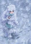  1girl animal_ears arctic_fox_(kemono_friends) bow bowtie brown_eyes capelet closed_mouth commentary_request day floating_hair fox_ears fox_girl fox_tail full_body fur-trimmed_footwear fur_trim gloves hair_between_eyes jacket kemono_friends long_hair long_sleeves looking_to_the_side miniskirt outdoors pantyhose partial_commentary rumenia_(ao2is) shoes skirt smile snow snowing snowstorm solo tail very_long_hair walking white_hair 