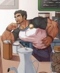  1boy absurdres alternate_skin_color bara barista beard_stubble black_hair cafe coffee cookie cookie_jar counter dark-skinned_male dark_skin denim elbow_rest employee_uniform feet_out_of_frame food highres huge_eyebrows indoors jeans large_pectorals leaning_forward looking_at_viewer lucas_lee male_focus muscular muscular_male pants pectorals scott_pilgrim_takes_off shirt short_hair short_sleeves smile solo t-shirt tight_clothes tight_shirt uniform v-taper yeon_(leyonkim) 