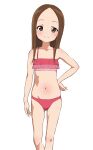  1girl absurdres bikini breasts brown_eyes collarbone commentary_request feet_out_of_frame forehead frilled_bikini frills hand_in_pocket highres karakai_jouzu_no_takagi-san looking_at_viewer nanashi_(pixiv95635106) official_alternate_costume pink_bikini simple_background small_breasts smile solo swimsuit takagi-san white_background 