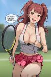  1girl :d blurry blurry_background breasts brown_eyes brown_hair cleavage clenched_hand collarbone commentary cropped_shirt english_commentary english_text highres holding holding_racket kujikawa_rise large_breasts lepypepy long_hair looking_at_viewer midriff miniskirt outdoors patreon_username persona persona_4 pink_skirt pleated_skirt racket shirt skirt sleeveless sleeveless_shirt smile solo speech_bubble sportswear sweatband teeth tennis_court tennis_racket tennis_skirt tennis_uniform twintails upper_teeth_only white_shirt 