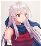  1girl bare_shoulders black_gloves blue_scarf dress elbow_gloves fire_emblem fire_emblem:_radiant_dawn gloves grey_background grey_hair hair_ribbon half_updo hazuki_(nyorosuke) long_hair looking_to_the_side micaiah_(fire_emblem) ribbon scarf simple_background sleeveless sleeveless_dress smile solo upper_body yellow_eyes 