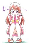  1girl ankle_socks asymmetrical_bangs earrings flat_color hands_on_own_chin highres hijiri_ageha hirogaru_sky!_precure hood hoodie jacket jacket_over_hoodie jewelry knees_together_feet_apart long_hair looking_at_viewer orange_footwear orange_hair pink_hoodie pink_jacket precure purple_eyes shoes single_sidelock socks solo squatting stud_earrings swept_bangs uraki white_background 