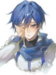  1boy blue_eyes blue_hair blue_scarf commentary crying crying_with_eyes_open dated hair_between_eyes hand_on_own_face highres kaito_(vocaloid) kazemi_arashi long_sleeves male_focus one_eye_covered parted_lips scarf short_hair simple_background solo tears upper_body vocaloid white_background 