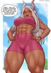  1girl abs animal_ears bare_shoulders bike_shorts blue_sky blurry blurry_background boku_no_hero_academia border breasts breath cameltoe cheekie covered_nipples dark-skinned_female dark_skin english_text from_below hands_on_own_hips highres large_breasts long_eyelashes long_hair looking_at_viewer midriff mirko muscular muscular_female nail_polish navel obliques open_mouth outdoors parted_bangs pink_nails pink_shorts pink_sports_bra rabbit_ears rabbit_girl red_eyes shorts sky solo speech_bubble sports_bra stomach sweat teeth thick_thighs thighs twitter_username upper_teeth_only watch white_border white_hair wristwatch 