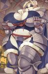  2023 anthro armor bear belly big_breasts blue_clothing blue_shirt blue_topwear bodily_fluids bottomwear breasts ceiling cleavage clothed clothing curvy_figure eyelashes eyeshadow female gauntlets glistening glistening_body gloves hair half-closed_eyes handwear hi_res huge_breasts inside krokobyaka legwear lips loincloth looking_at_viewer makeup mammal mathilda_snowbriar melee_weapon narrowed_eyes open_mouth polar_bear shield shirt solo standing steam sweat sword thick_thighs thigh_highs tight_clothing topwear undressing ursine voluptuous weapon white_body white_hair wide_hips 