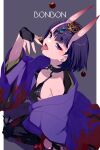  1girl bangs bare_shoulders bob_cut breasts bridal_gauntlets collarbone eating echo_(circa) eyeliner fang fate/grand_order fate_(series) headpiece horns japanese_clothes kimono long_sleeves looking_at_viewer makeup off_shoulder oni oni_horns open_mouth purple_eyes purple_hair purple_kimono revealing_clothes short_hair shuten_douji_(fate) skin-covered_horns small_breasts tongue tongue_out wide_sleeves 