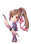  1girl ass bow_(weapon) brown_eyes brown_hair chibi closed_mouth full_body gloves hair_ribbon high_heels high_ponytail long_hair looking_at_viewer misono_mitama pink_ribbon ponytail ribbon saionji_reimi shorts simple_background smile solo star_ocean star_ocean_the_last_hope thighhighs weapon white_background white_gloves 