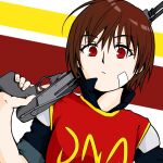  1girl arc_the_lad_iii bandage_on_face bandages cheryl_(arc_the_lad) closed_mouth gun highres holding holding_gun holding_weapon looking_at_viewer norao red_eyes red_hair short_hair solo weapon 