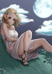  1girl ass blonde_hair braid breasts cleavage cloud commentary_request crown_braid dress flower full_moon grass green_eyes highres jewelry medium_breasts medium_hair moon necklace nicomamu night night_sky pointy_ears princess_zelda sandals sitting sky solo spanish_commentary strapless strapless_dress the_legend_of_zelda the_legend_of_zelda:_tears_of_the_kingdom tube_dress white_dress 