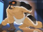  1boy abs animal_ear_fluff animal_ears arm_behind_back bara black_fur boogbogex brown_eyes brown_fur bulge chest_hair dog_boy dog_ears furry furry_male haki_(boogbogex) hand_on_floor large_bulge large_pectorals looking_at_viewer looking_to_the_side male_focus muscular muscular_male nipples orange_fur original pectorals reflection short_hair short_shorts shorts solo spread_legs strongman_waist sweatdrop thick_eyebrows topless_male whiskers white_fur wide_spread_legs 