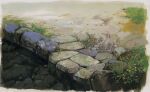  chochottochoina cobblestone flower grass no_humans omohide_poro_poro painting_(medium) pink_flower plant pond still_life tall_grass traditional_media water yellow_flower 