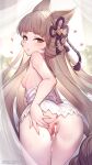  1girl after_sex after_vaginal animal_ears anus arched_bangs ass blunt_bangs blush breasts brown_eyes brown_hair censored clothes_pull commentary_request criss-cross_halter cum cum_in_pussy cumdrip dress dress_pull from_behind granblue_fantasy hair_ornament halterneck highres long_hair looking_at_viewer looking_back mosaic_censoring nipples paid_reward_available parted_lips pholia pussy short_eyebrows small_breasts solo thick_eyebrows very_long_hair white_dress yellowpaint. 