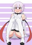  1girl absurdres ass bare_shoulders belt black_belt blush boots breasts elbow_gloves eye_mask gloves grey_hair grey_leotard highres leotard looking_at_viewer medium_breasts open_mouth pink_background red_eyes rururu_ichigo short_hair shy_(character) shy_(series) sitting solo teeth thigh_boots upper_teeth_only white_background 
