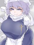  1girl apron breasts closed_mouth commentary_request huge_breasts lapel_pin letty_whiterock looking_back purple_eyes purple_hair qralto scarf short_hair signature smile solo touhou upper_body variant_set waist_apron white_apron white_headwear white_scarf 