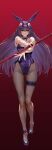  1girl animal_ears ass_visible_through_thighs bare_shoulders breasts brown_pantyhose cleavage closed_mouth detached_collar fake_animal_ears fate/grand_order fate_(series) full_body gae_bolg_(fate) gradient_background hair_between_eyes high_heels highleg highleg_leotard highres large_breasts leotard long_hair looking_at_viewer mugetsu2501 pantyhose playboy_bunny polearm purple_hair purple_leotard rabbit_ears red_background red_eyes scathach_(fate) scathach_(piercing_bunny)_(fate) solo spear thigh_gap weapon wrist_cuffs 