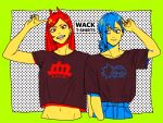  2girls arm_up black_shirt blue_hair blue_nails chainsaw_man crop_top cross-shaped_pupils drgryu750 hair_ornament hairclip halftone halftone_background higashiyama_kobeni highres horns limited_palette long_hair looking_at_viewer looking_to_the_side midriff mole mole_on_cheek mole_under_eye multiple_girls multiple_moles parted_lips power_(chainsaw_man) red_hair red_horns red_nails sharp_teeth shirt short_hair short_ponytail side_ponytail single_sidelock smile symbol-shaped_pupils teeth 