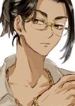  1boy baji_keisuke bespectacled brown_eyes chain_necklace collared_shirt commentary_request glasses gold_bracelet gold_necklace hair_up jewelry male_focus necklace nori20170709 shirt sideways_glance simple_background solo tokyo_revengers twitter_username white_background 